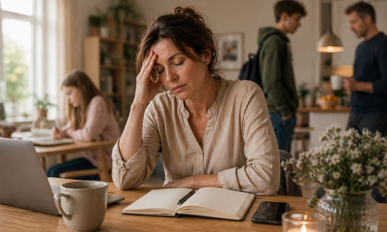 Unavená žena kolem 40 let sedí a přemýšlí, proč jsou dnes ženy unavené více, než dřív.