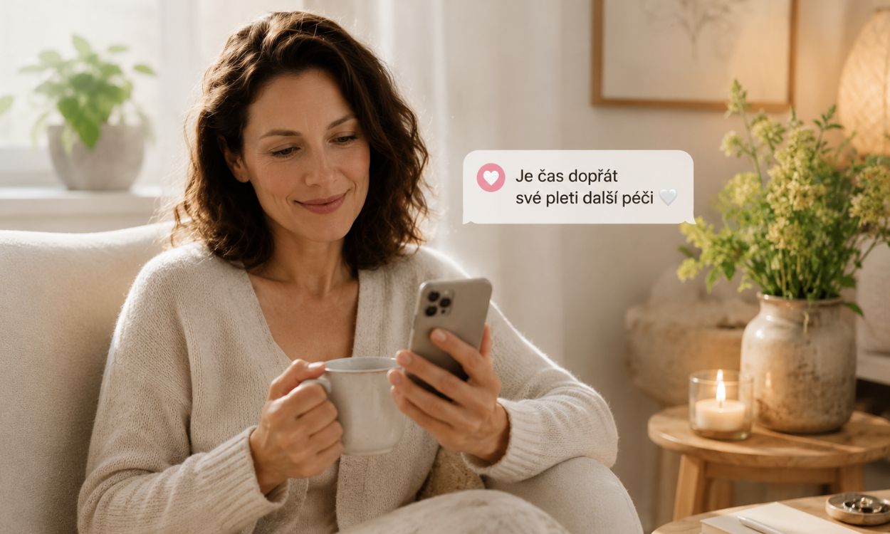 Žena kolem 40 let doma čte SMS připomínku péče o pleť