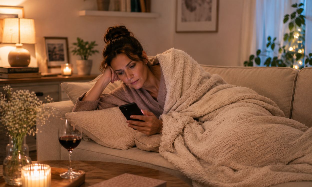 40 letá žena večer leží doma na gauči s mobilem, což nepřináší skutečný odpočinek